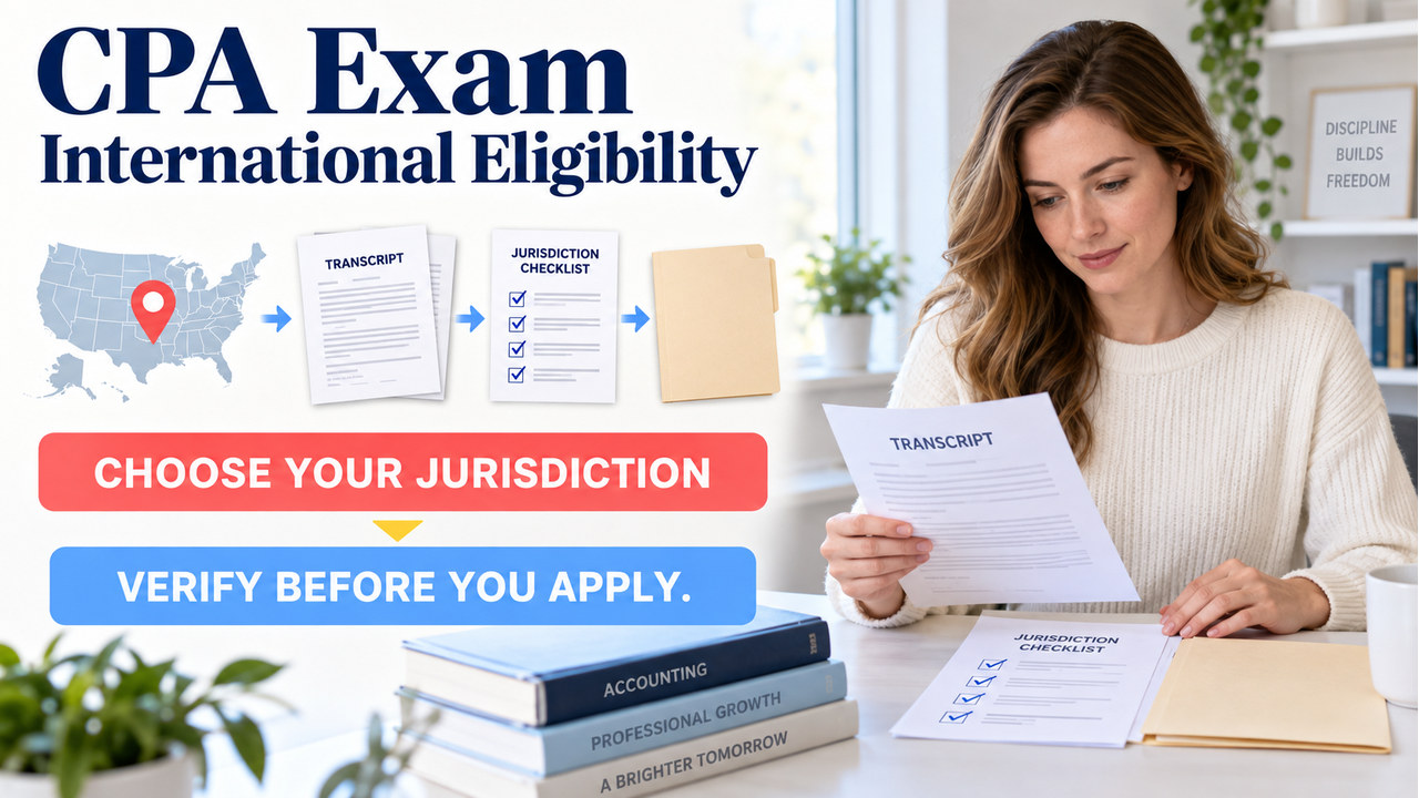 cpa exam international eligibility guide with one white-presenting adult learner reviewing a transcript and jurisdiction checklist