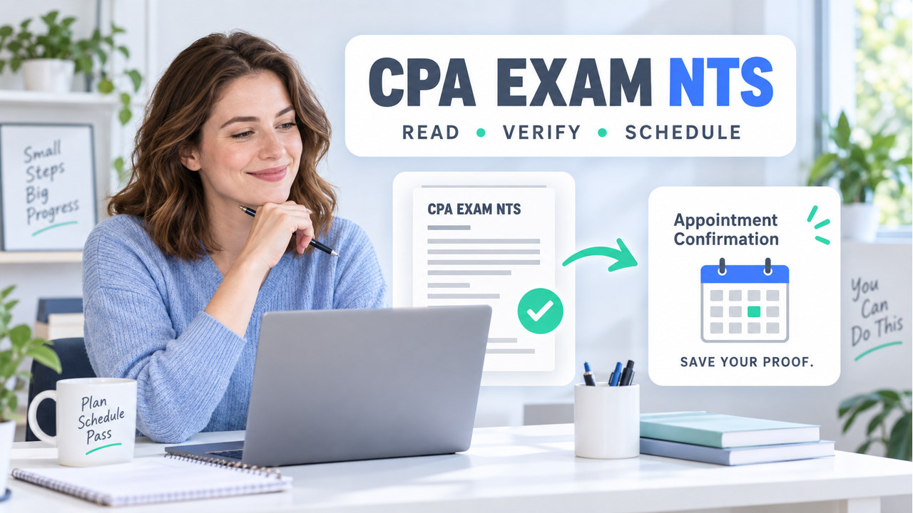 White-presenting adult learner reviewing a cpa exam notice to schedule