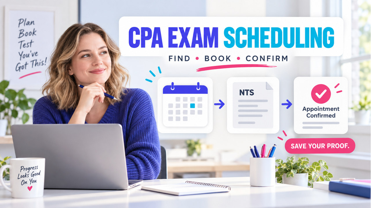 White-presenting adult learner planning a CPA exam scheduling appointment