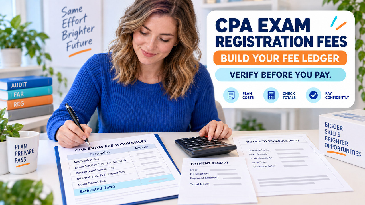 CPA exam registration fees worksheet with receipt and NTS at a study desk