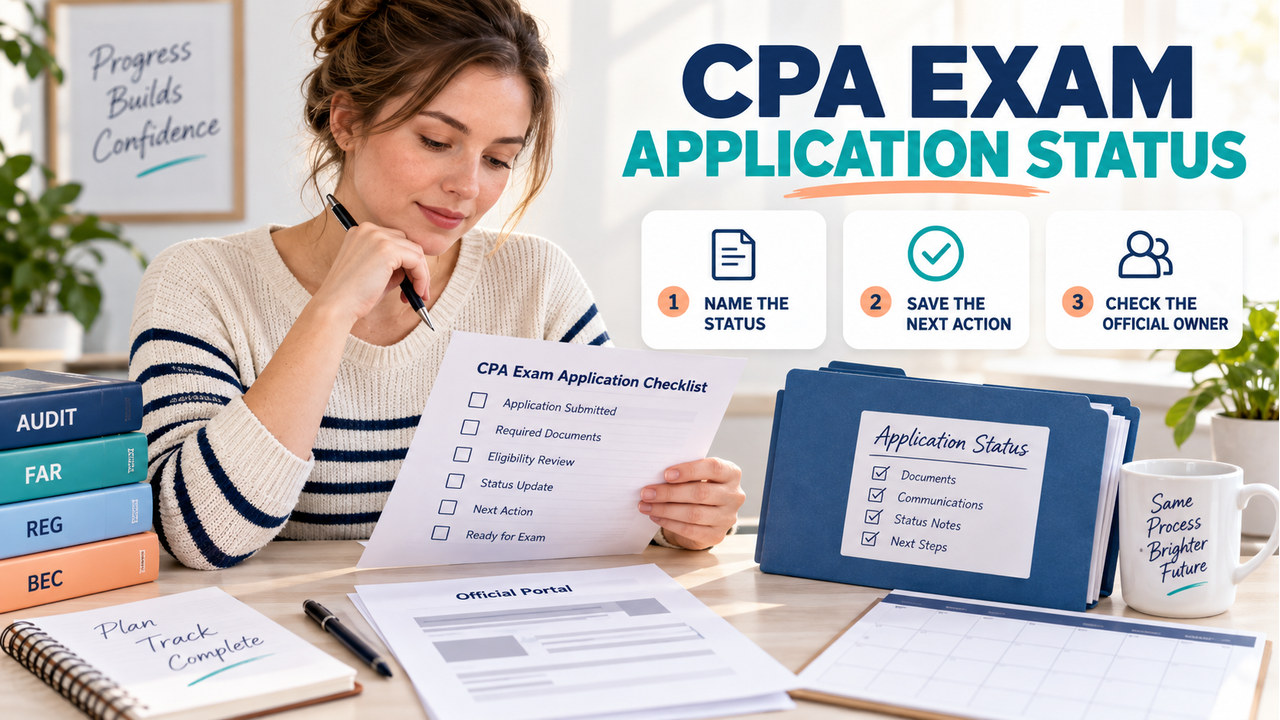 CPA exam application status checklist with official status records and next-action notes at a study desk