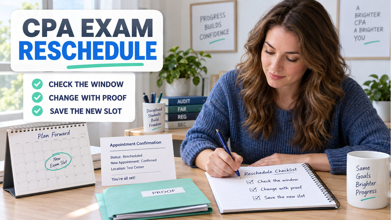 CPA exam reschedule checklist with a printed appointment card, calendar, and next-action notes