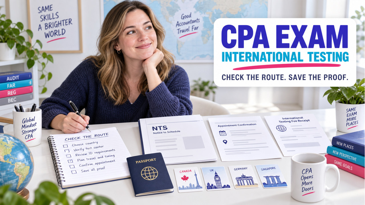 CPA exam international testing checklist with a passport, NTS folder, country cards, and appointment proof