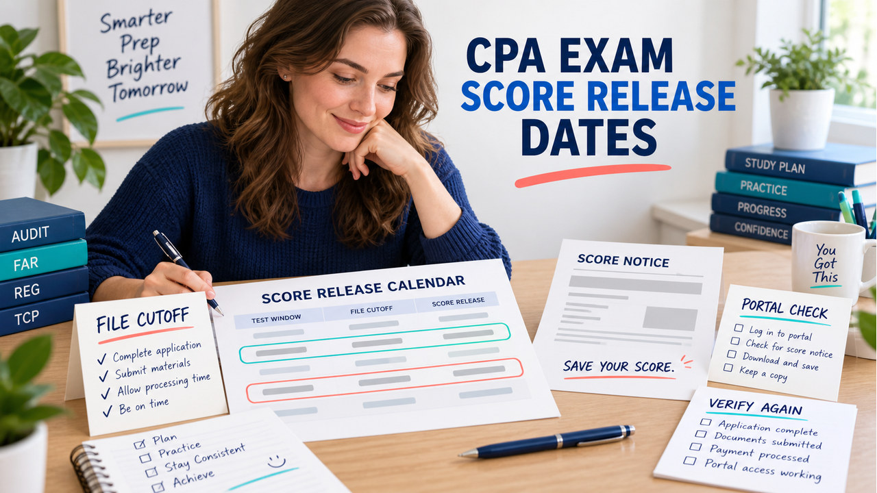 CPA exam score release dates calendar with file cutoff, target release date, score notice, and verification checklist