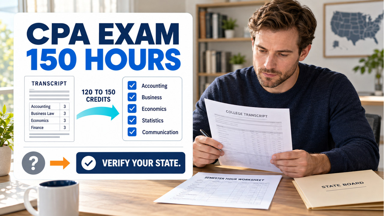 cpa exam 150 hours guide with one white-presenting adult learner reviewing a transcript and credit checklist