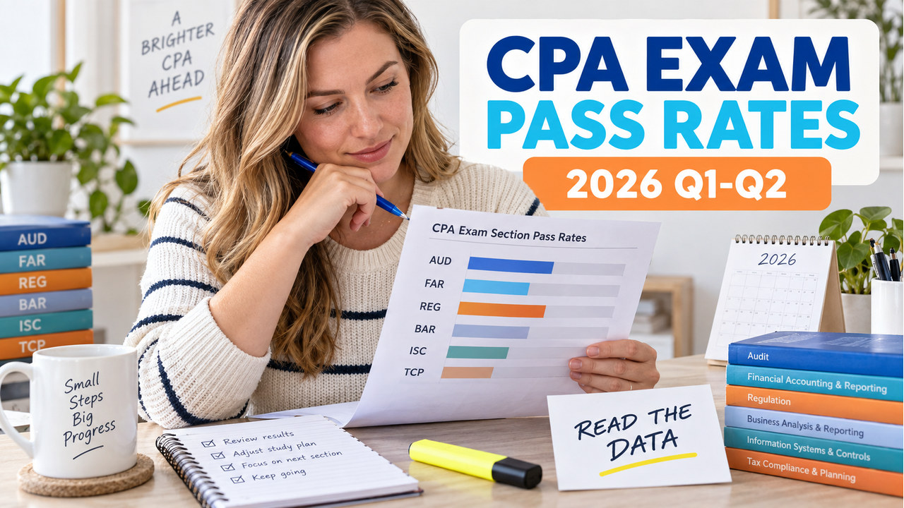 white-presenting CPA learner at a desk reviewing a concrete section pass-rate report and study decision card