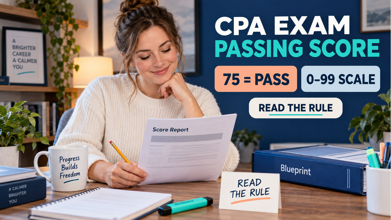 white-presenting CPA learner reviewing a cpa exam passing score report and 75 Readiness Card