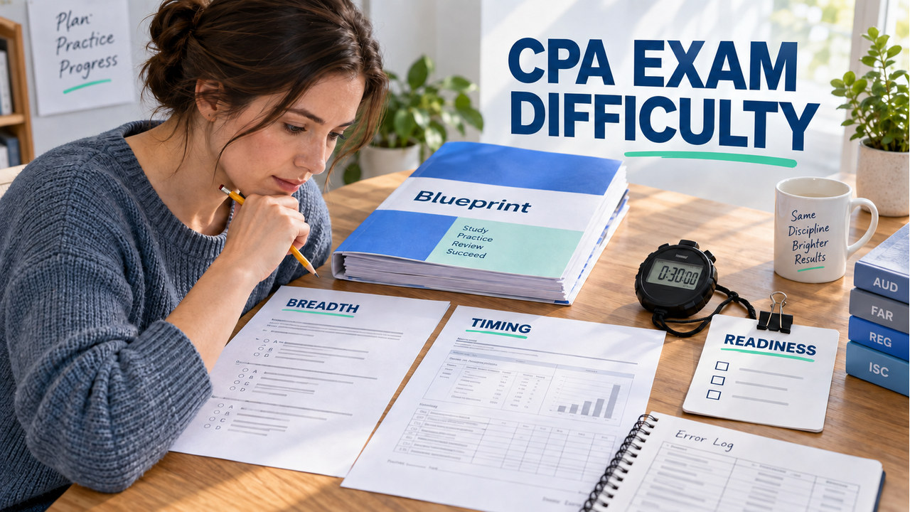white-presenting CPA learner reviewing a cpa exam difficulty readiness board with Blueprint and timed practice notes