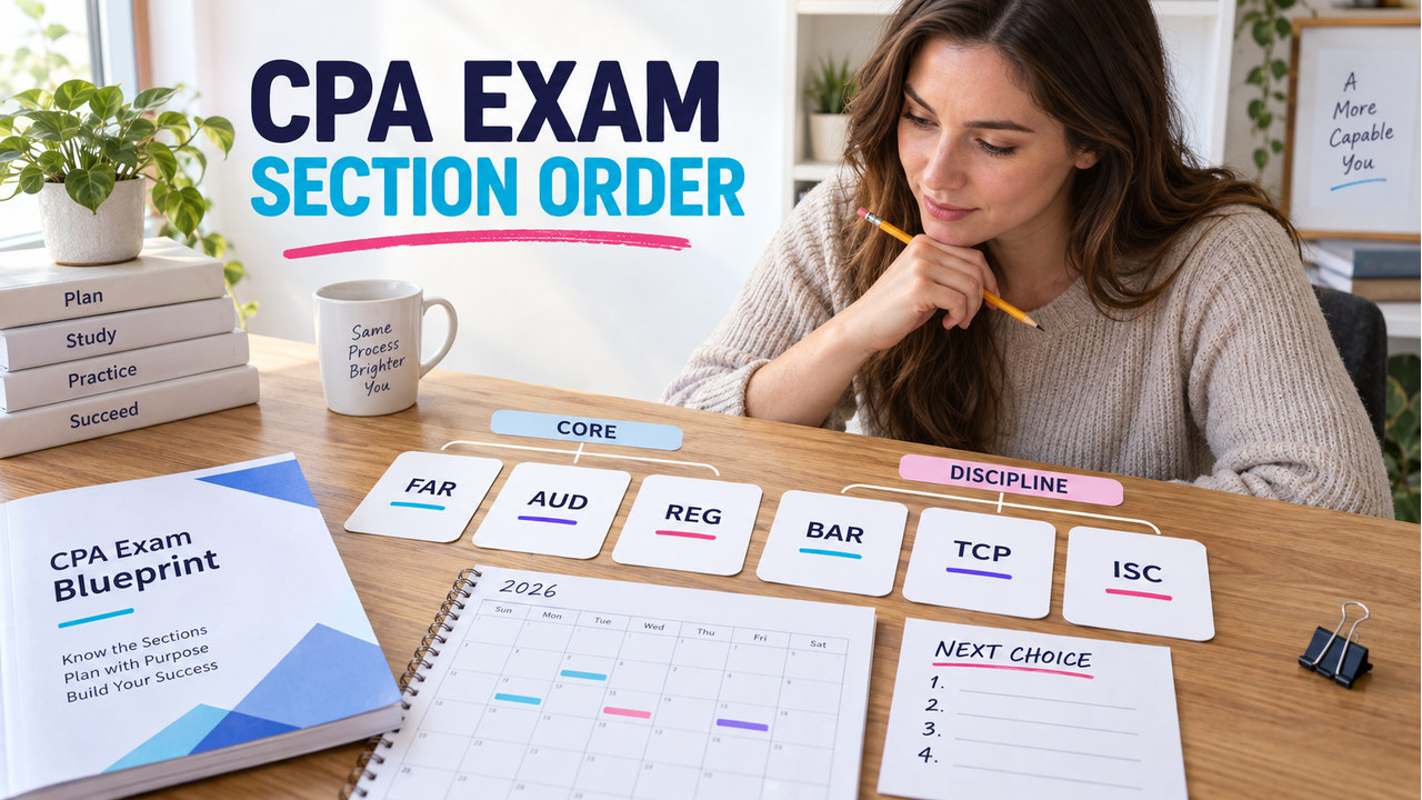 single white-presenting CPA learner planning cpa exam section order with Core and Discipline cards