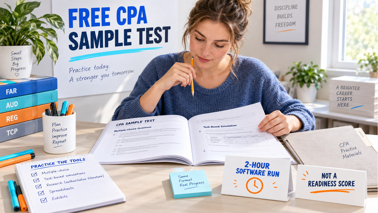 free CPA sample test study desk with one adult reviewing a printed workbook