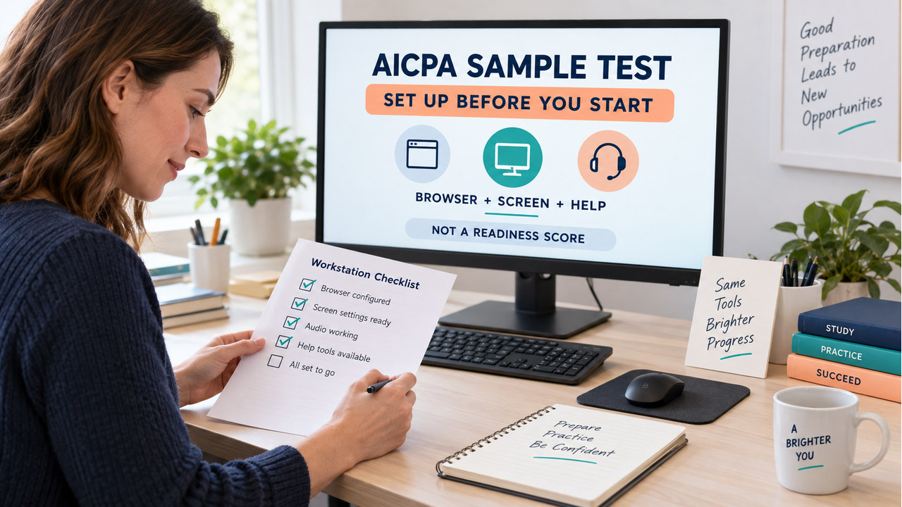 aicpa sample test workstation setup with one adult reviewing a browser and screen checklist