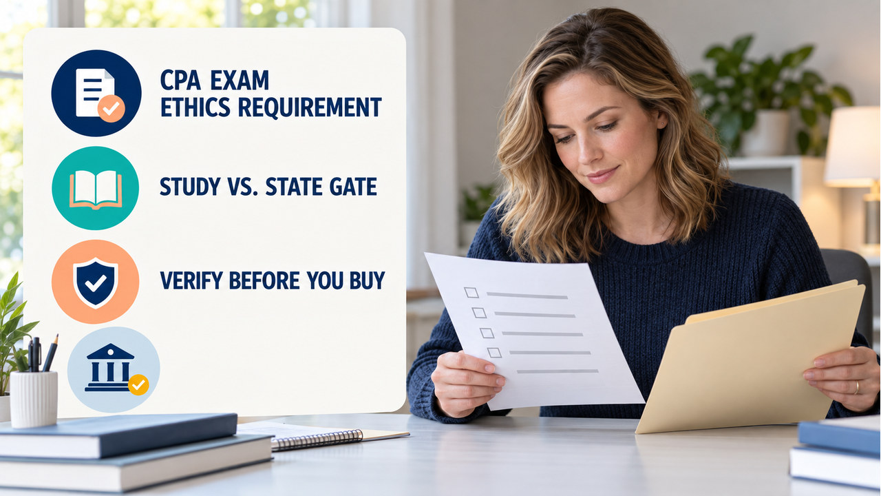cpa exam ethics requirement guide with one white-presenting adult learner reviewing an ethics checklist