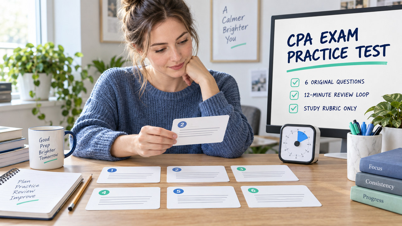 cpa exam practice test desk with one adult reviewing a timed assessment plan