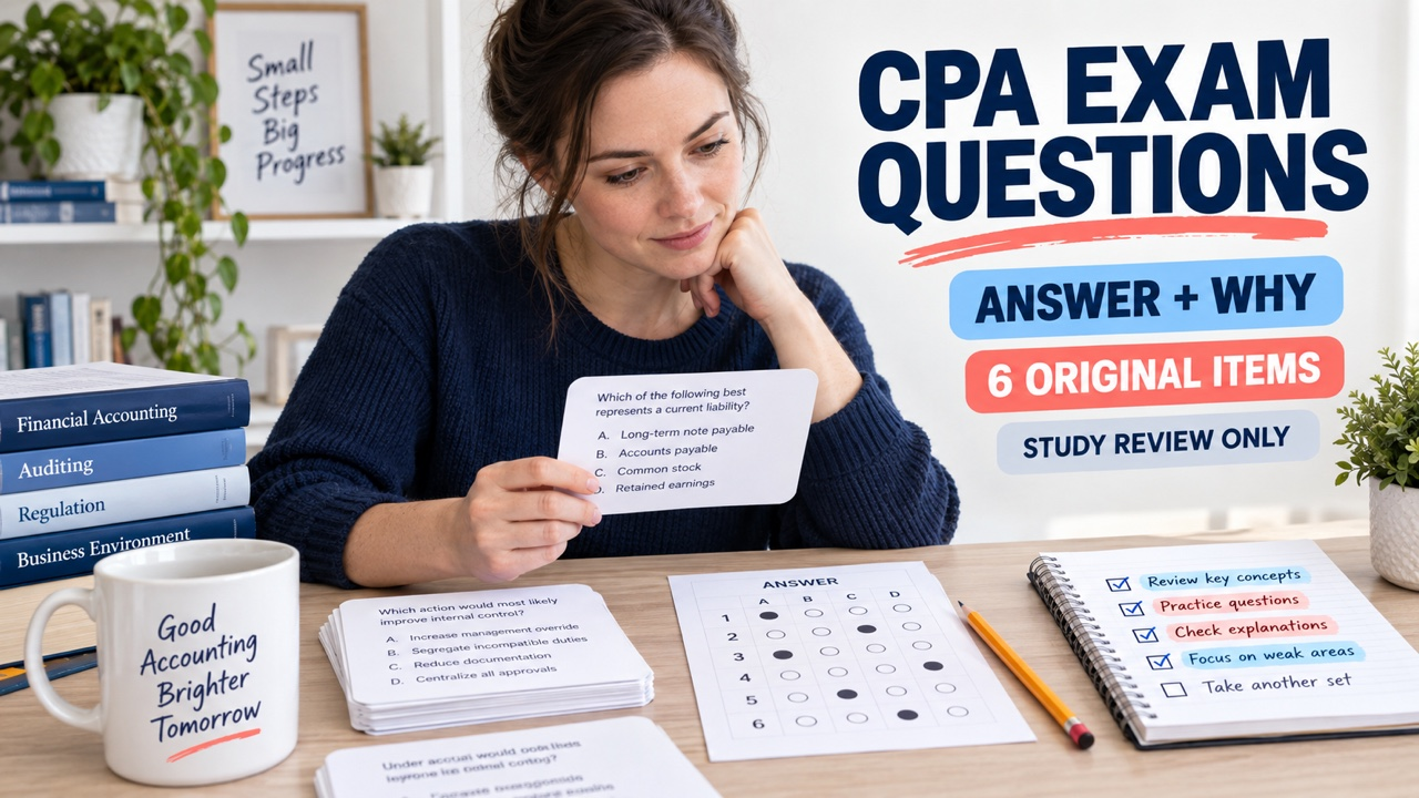 CPA exam questions and answers study desk with printed question cards and review notes