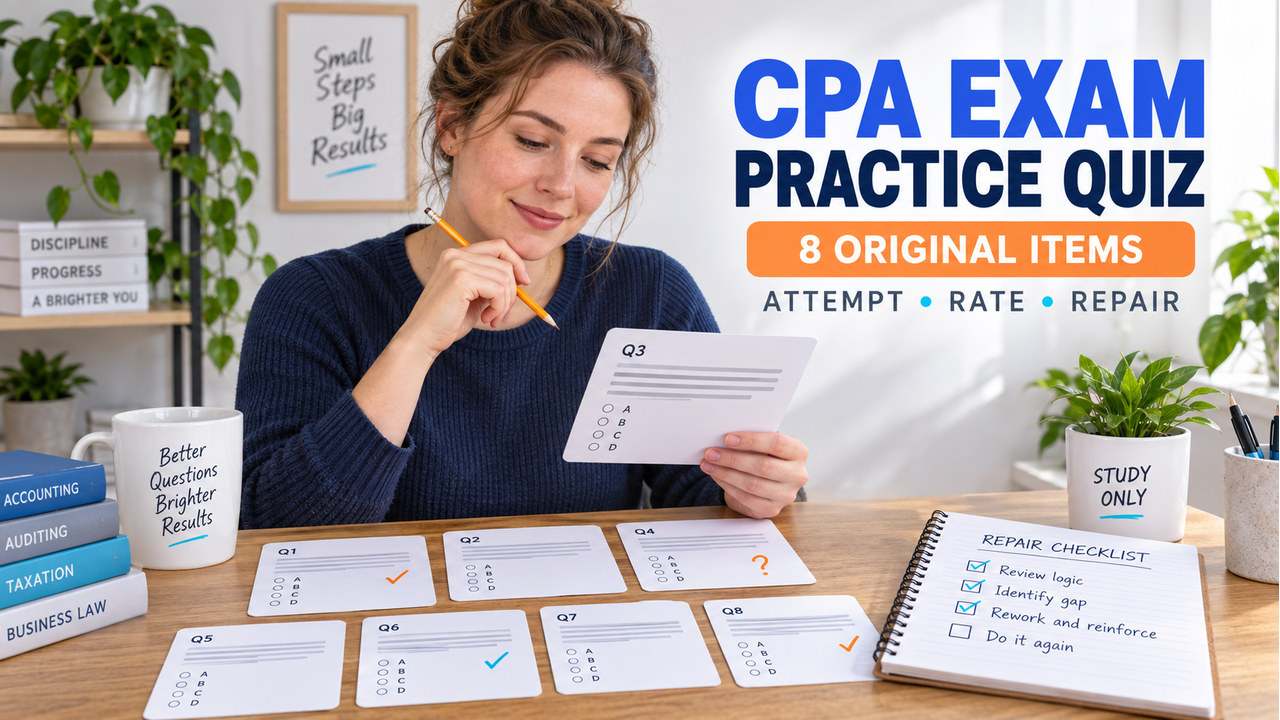 CPA exam practice quiz study desk with printed question cards and a repair checklist