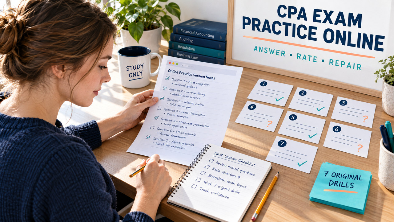 CPA exam practice online study desk with printed browser-session notes and a repair checklist
