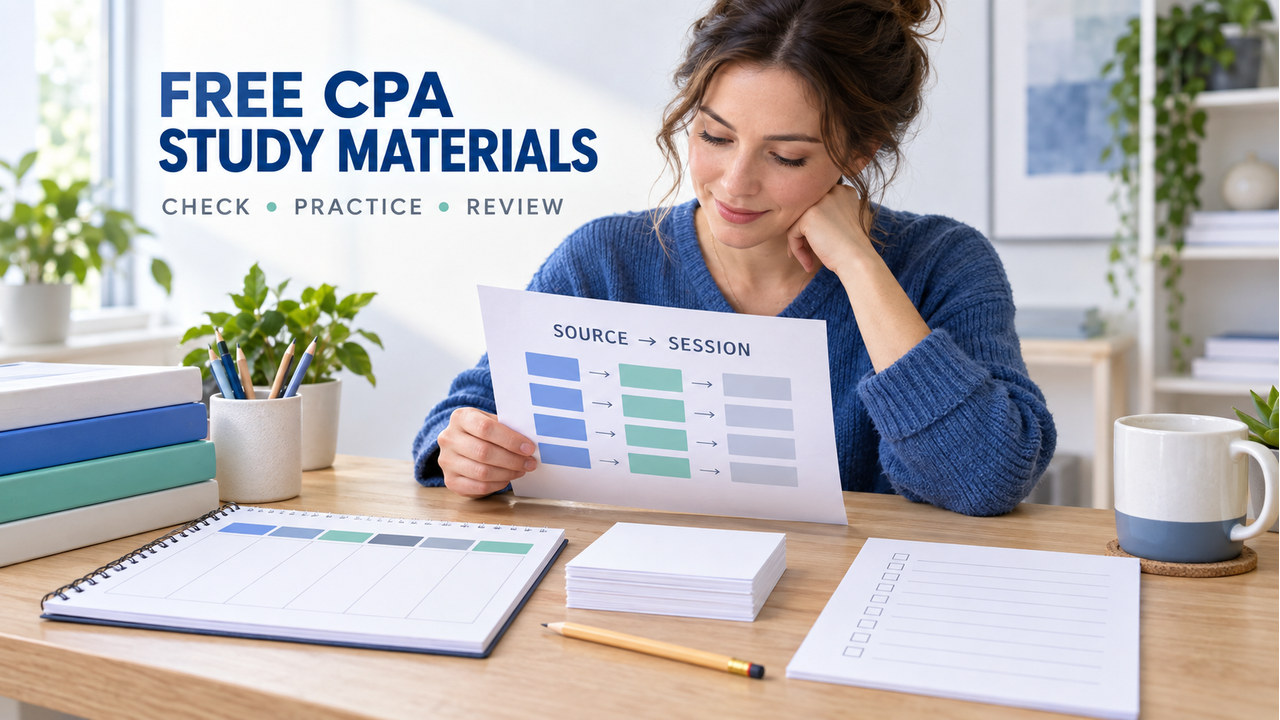 free CPA study materials on a real study desk with source cards and a seven-day review planner