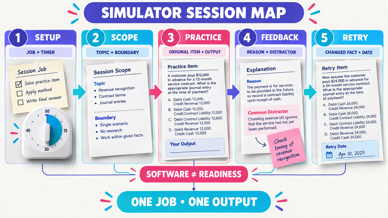 cpa exam simulator free study session with a printed plan, timer card, practice cards, and evidence log