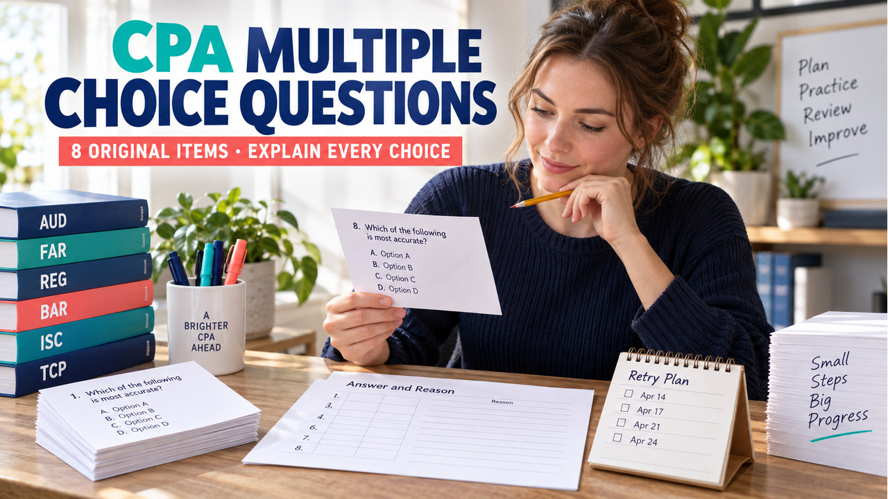 cpa multiple choice questions study desk with original question cards, reasoning notes, and a retry planner