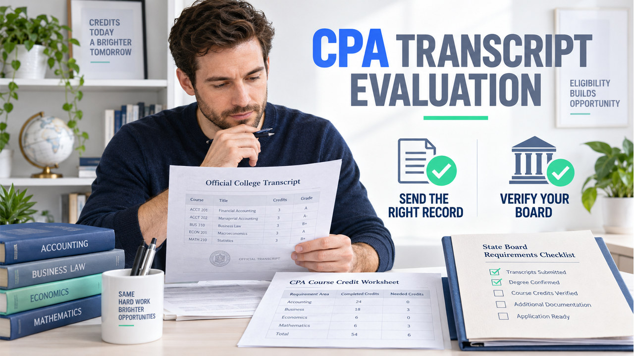cpa exam transcript evaluation guide with one white-presenting adult learner reviewing official transcript records and a board checklist
