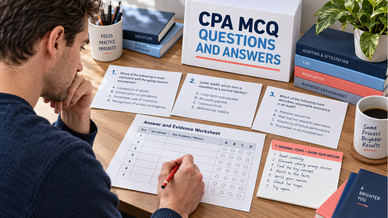 cpa mcq questions and answers study desk with original question cards, answer evidence notes, and a retry plan