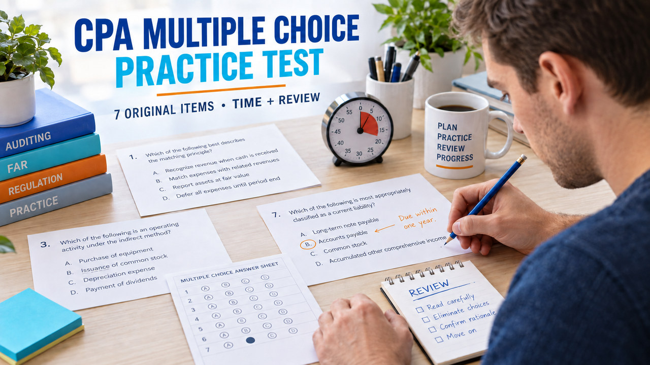 cpa multiple choice practice test study desk with original question cards, analog timer, answer sheet, and review note