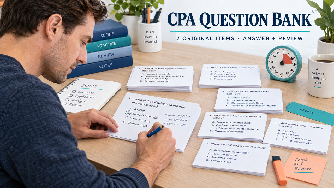 cpa question bank study desk with original question cards, analog timer, answer slips, and review note