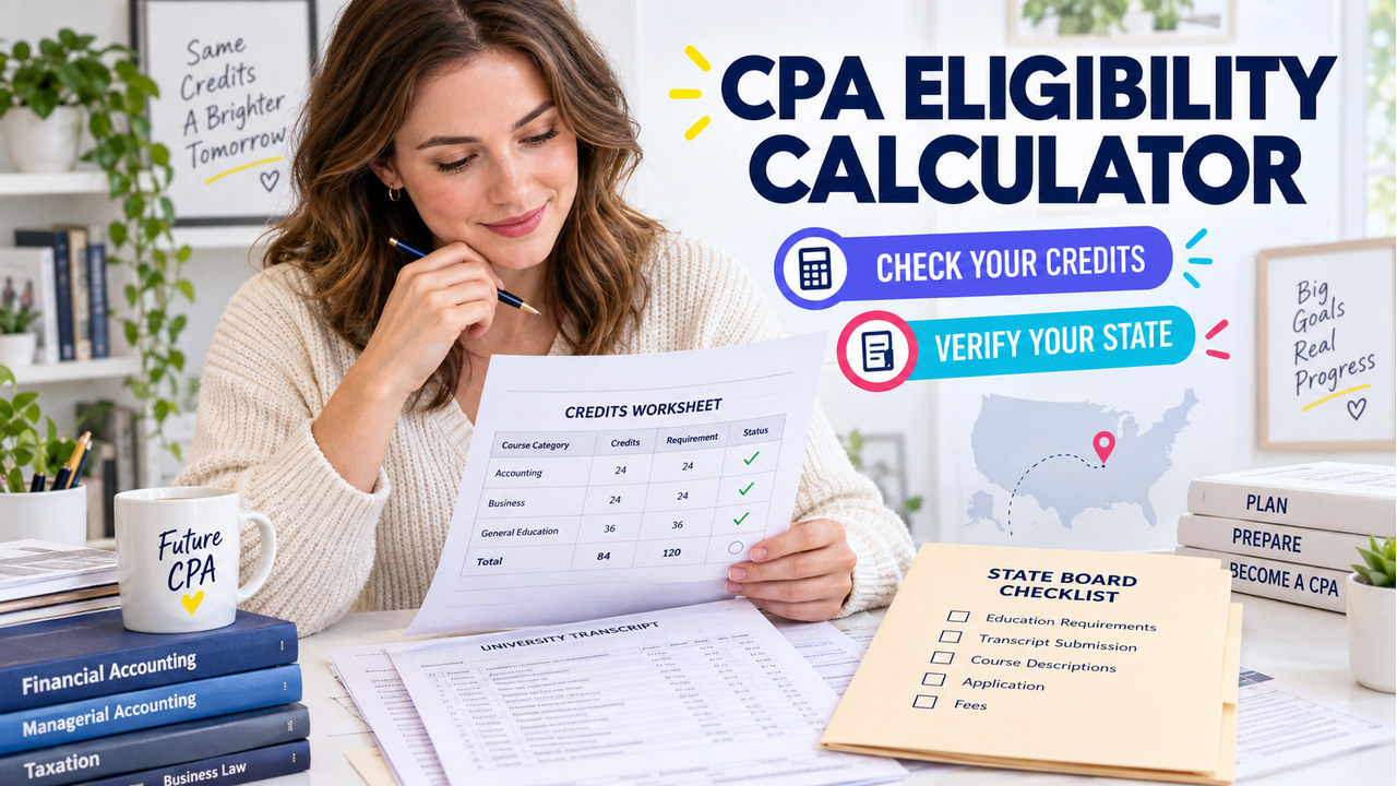 cpa exam eligibility calculator guide with one white-presenting adult U.S. learner reviewing a credits worksheet and board checklist