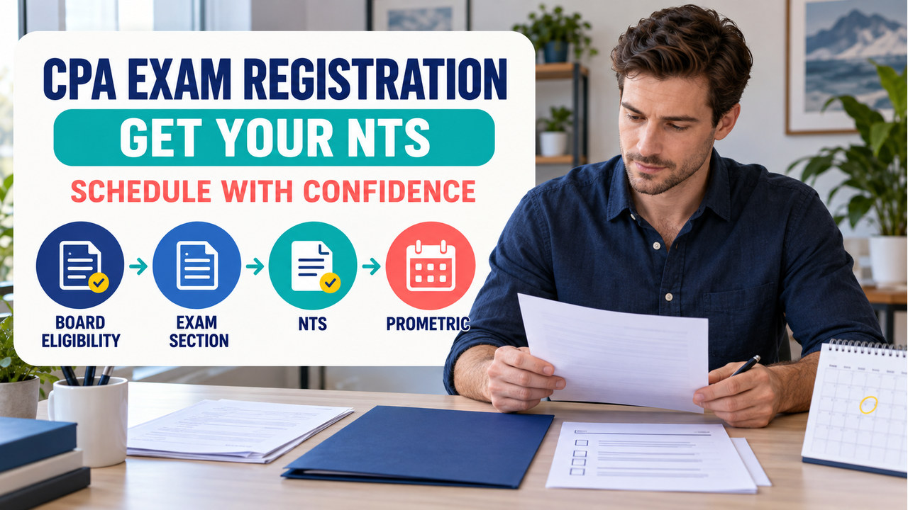 cpa exam registration guide with one white-presenting adult learner reviewing an NTS and scheduling checklist