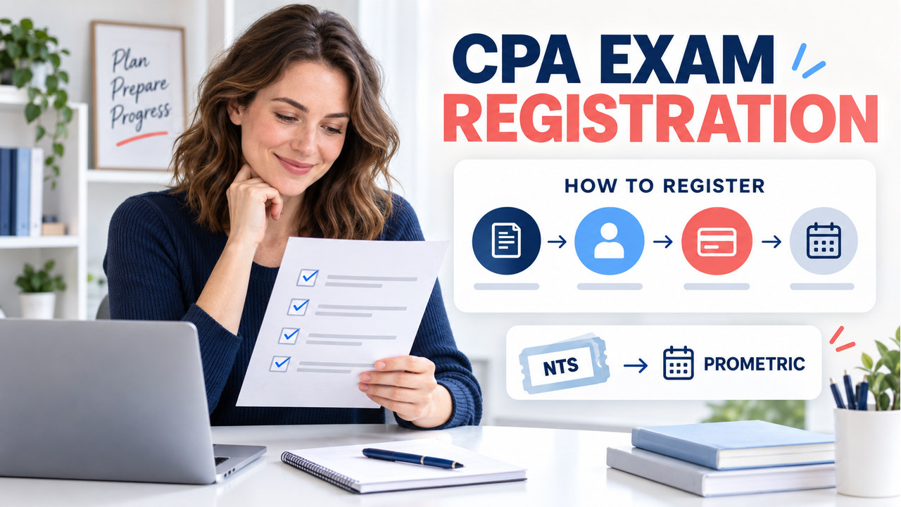 One white-presenting adult woman reviewing how to register for CPA exam with a registration checklist