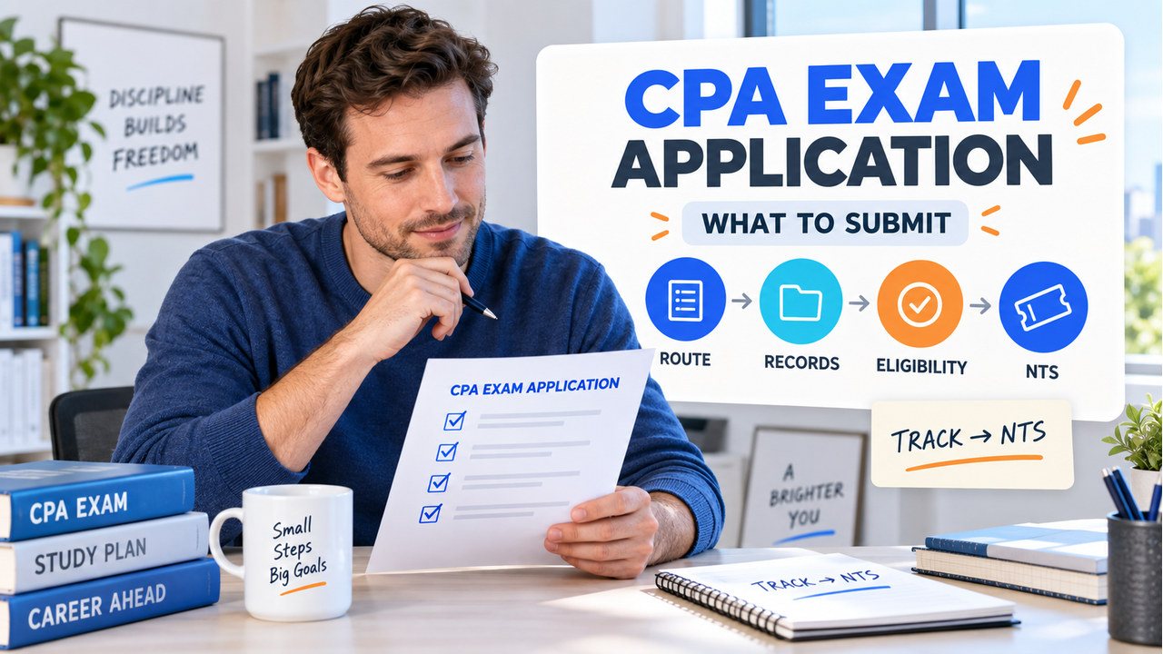 A white-presenting adult learner reviewing a cpa exam application checklist