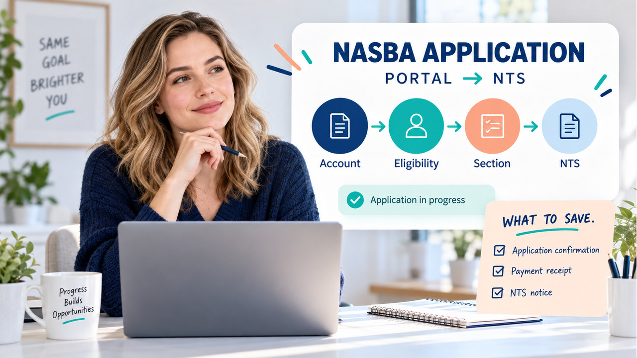 White-presenting adult learner reviewing a cpa exam nasba application checklist