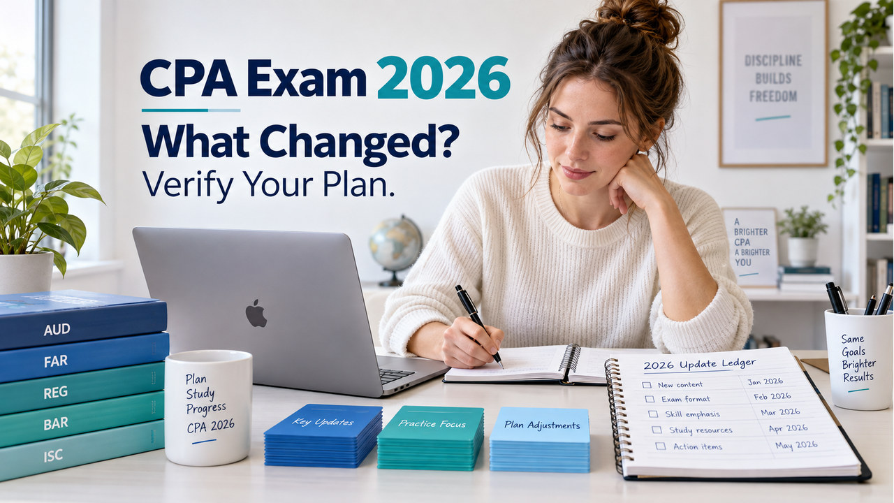 CPA exam 2026 update guide with one white-presenting adult candidate and a MacBook