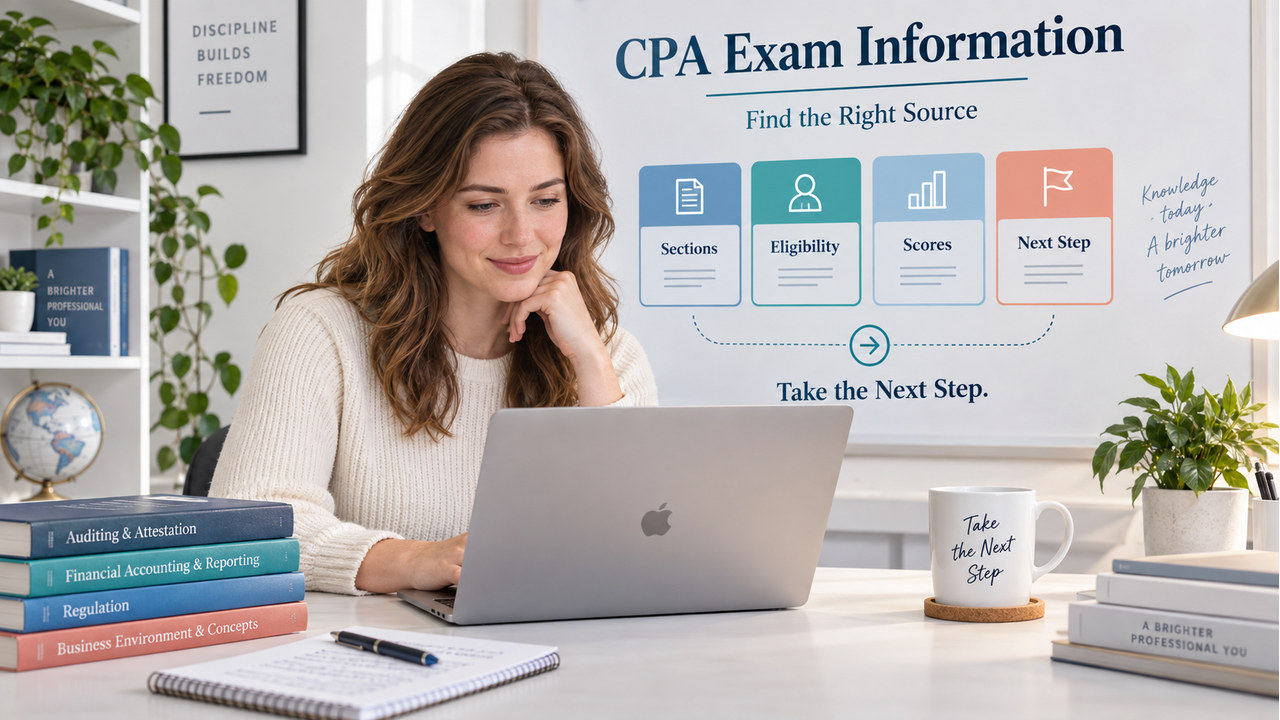 CPA exam information guide with one white-presenting adult candidate and a MacBook