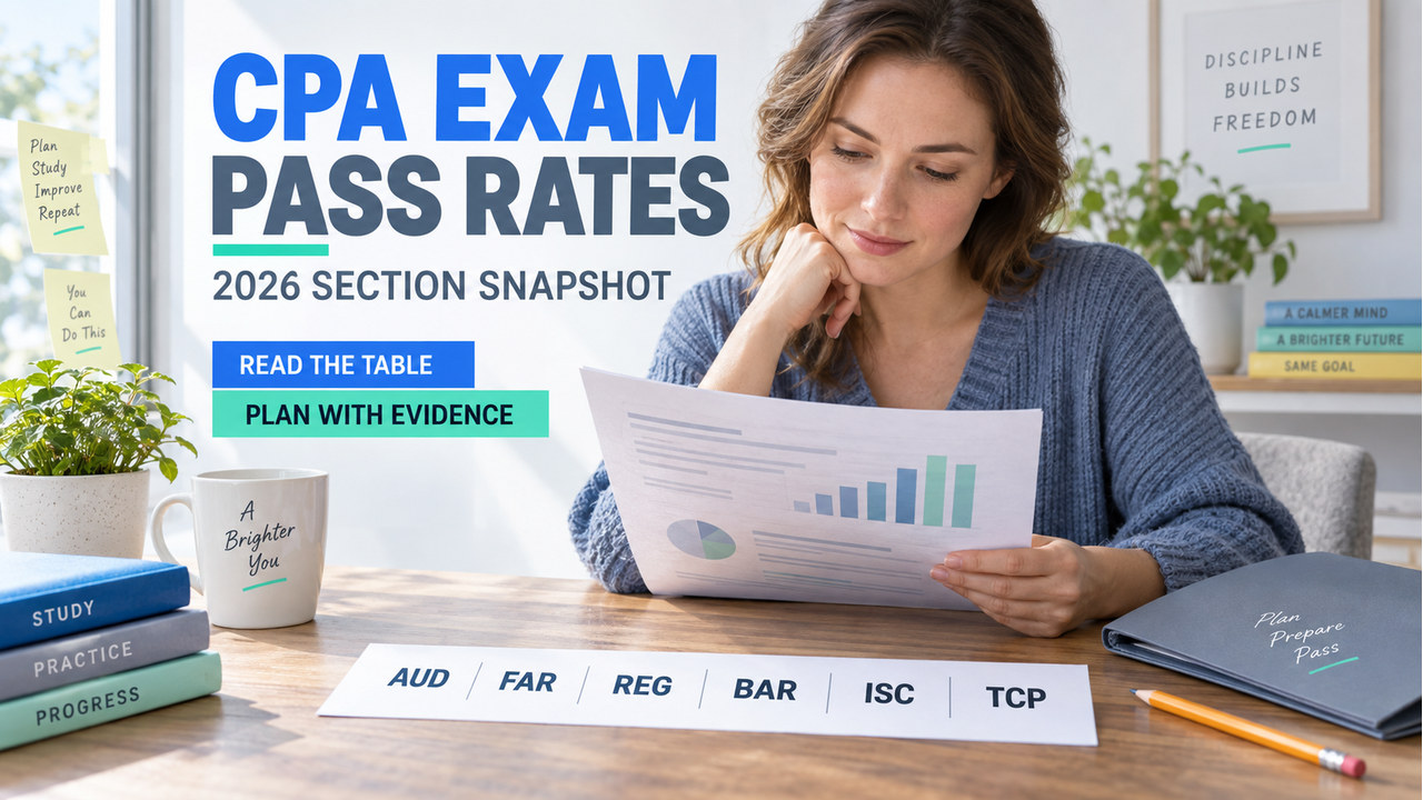single white-presenting adult reviewing a printed CPA Exam section pass-rate report with AUD FAR REG BAR ISC and TCP labels