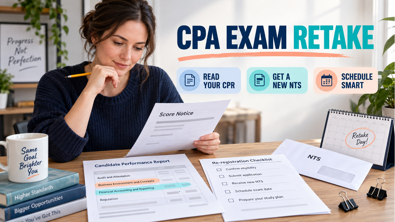 single white-presenting adult reviewing a failed-section score record with a Score Notice and Candidate Performance Report