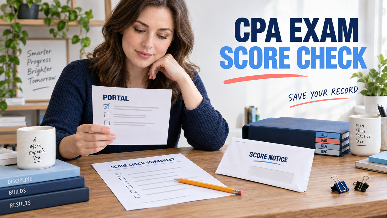 single white-presenting adult reviewing a CPA Exam score-check record at a study desk