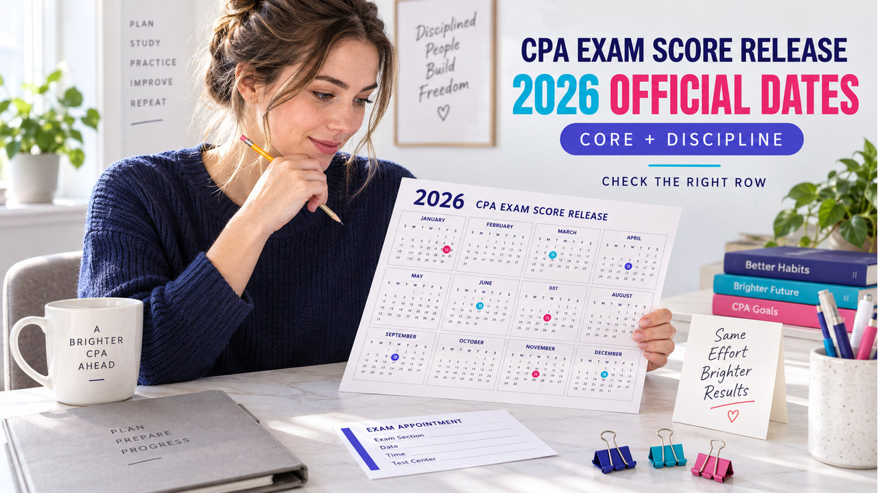 single white-presenting adult reviewing a 2026 CPA Exam score-release calendar at a study desk