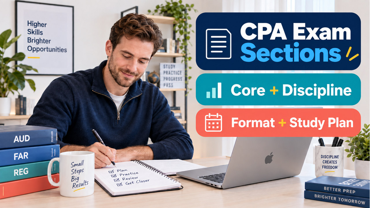 CPA exam sections guide with one white-presenting adult US learner