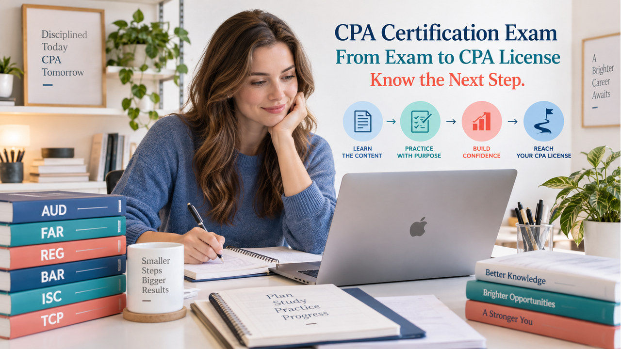 CPA certification exam guide with one white-presenting adult US candidate using a MacBook