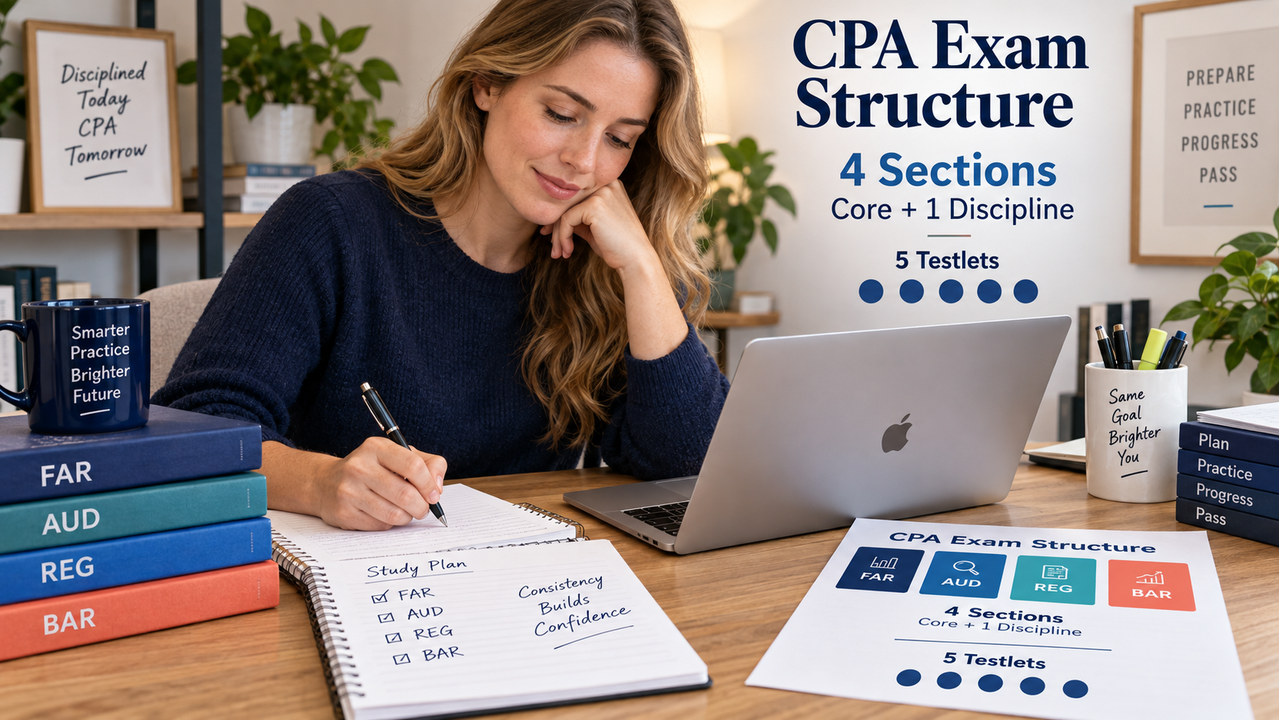 cpa exam structure guide with one white-presenting adult U.S. learner at a study desk