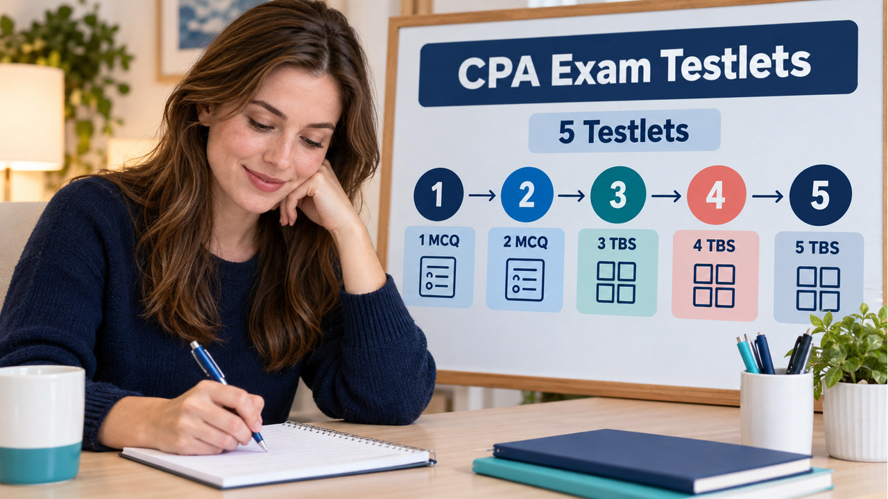 cpa exam testlets study guide with one white-presenting adult U.S. learner reviewing a five-testlet plan