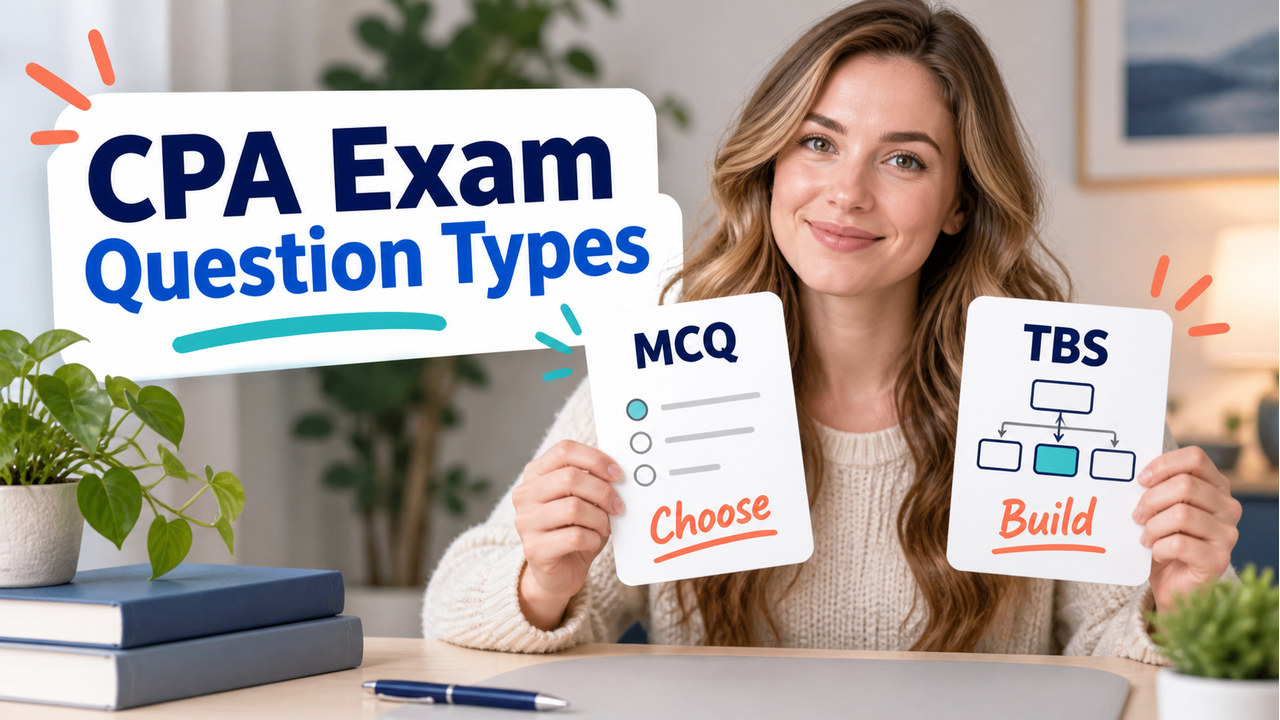 cpa exam question types study guide with one white-presenting adult U.S. learner comparing MCQ and TBS practice
