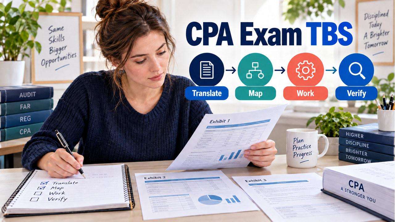 cpa exam task based simulations walkthrough with one white-presenting adult U.S. CPA candidate using a printed workflow map