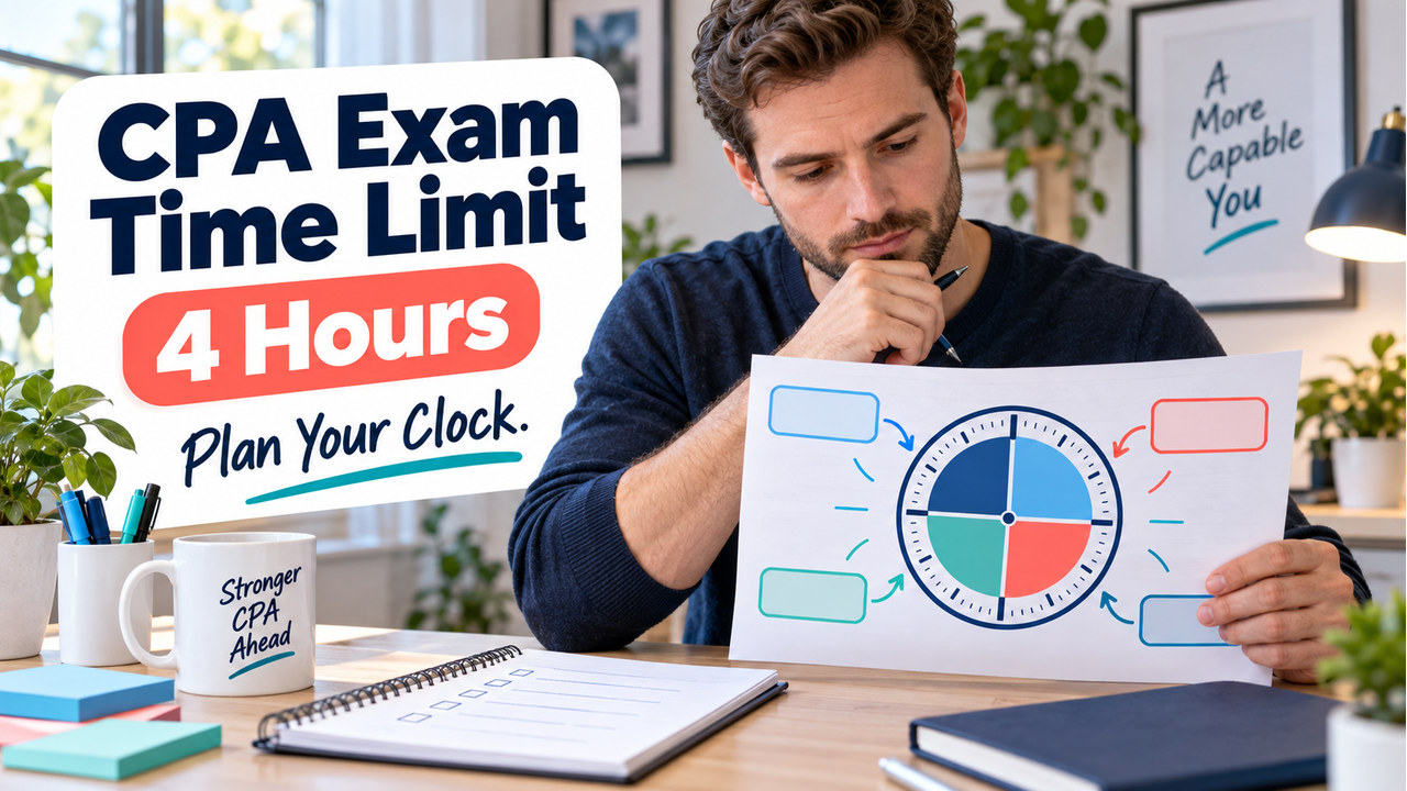cpa exam time limit cover with one white-presenting adult U.S. learner reviewing a four-hour study timeline