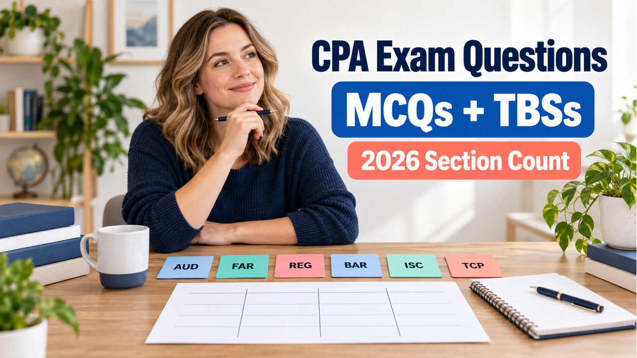 how many questions on cpa exam cover with one white-presenting adult U.S. learner reviewing a section count chart