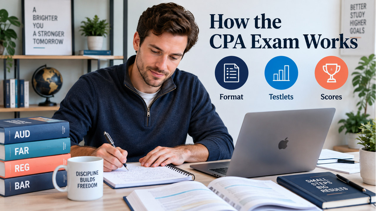 How does the CPA exam work guide with one white-presenting adult U.S. candidate at a study desk