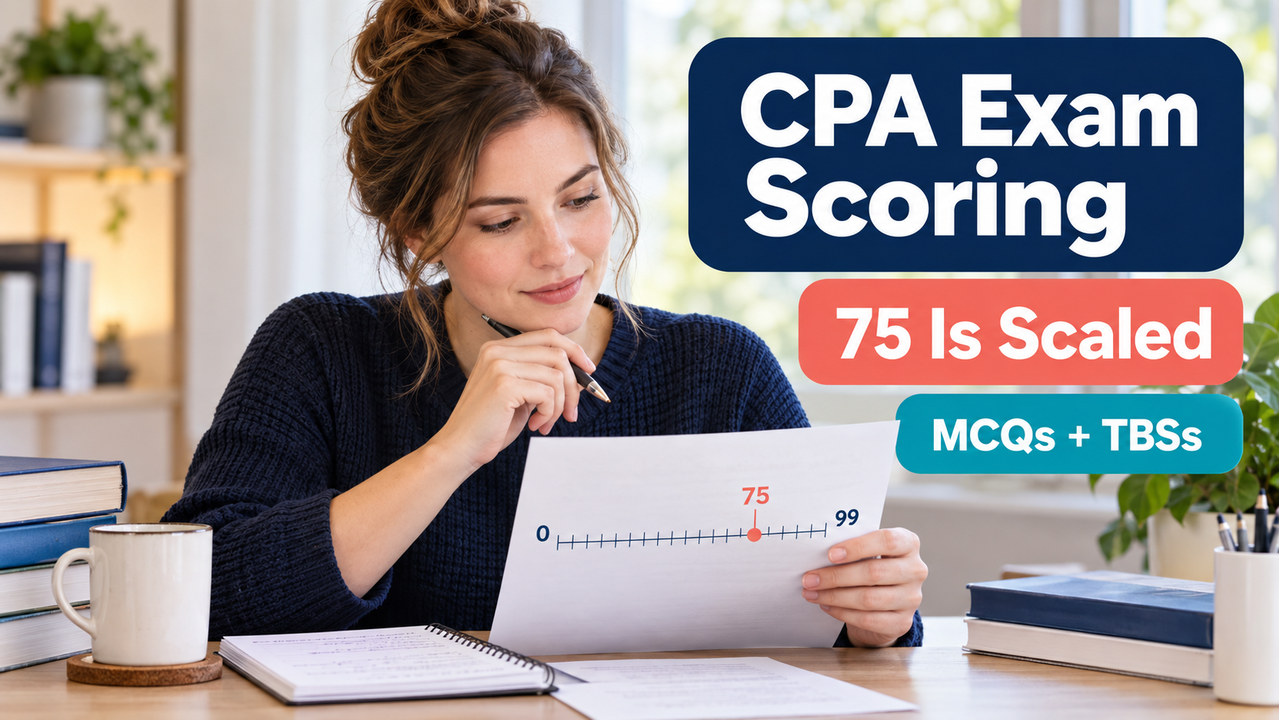 cpa exam scoring cover with one white-presenting adult U.S. learner reviewing a scaled score chart