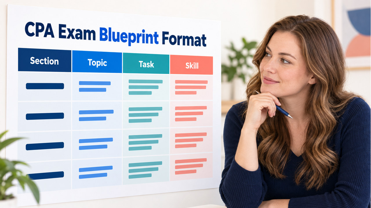 cpa exam blueprint format cover with one white-presenting adult U.S. learner reviewing a structured Blueprint map