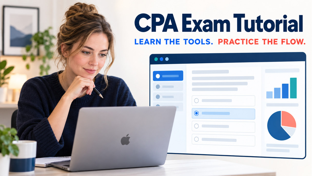 cpa exam tutorial cover with one white-presenting adult U.S. learner practicing official test software
